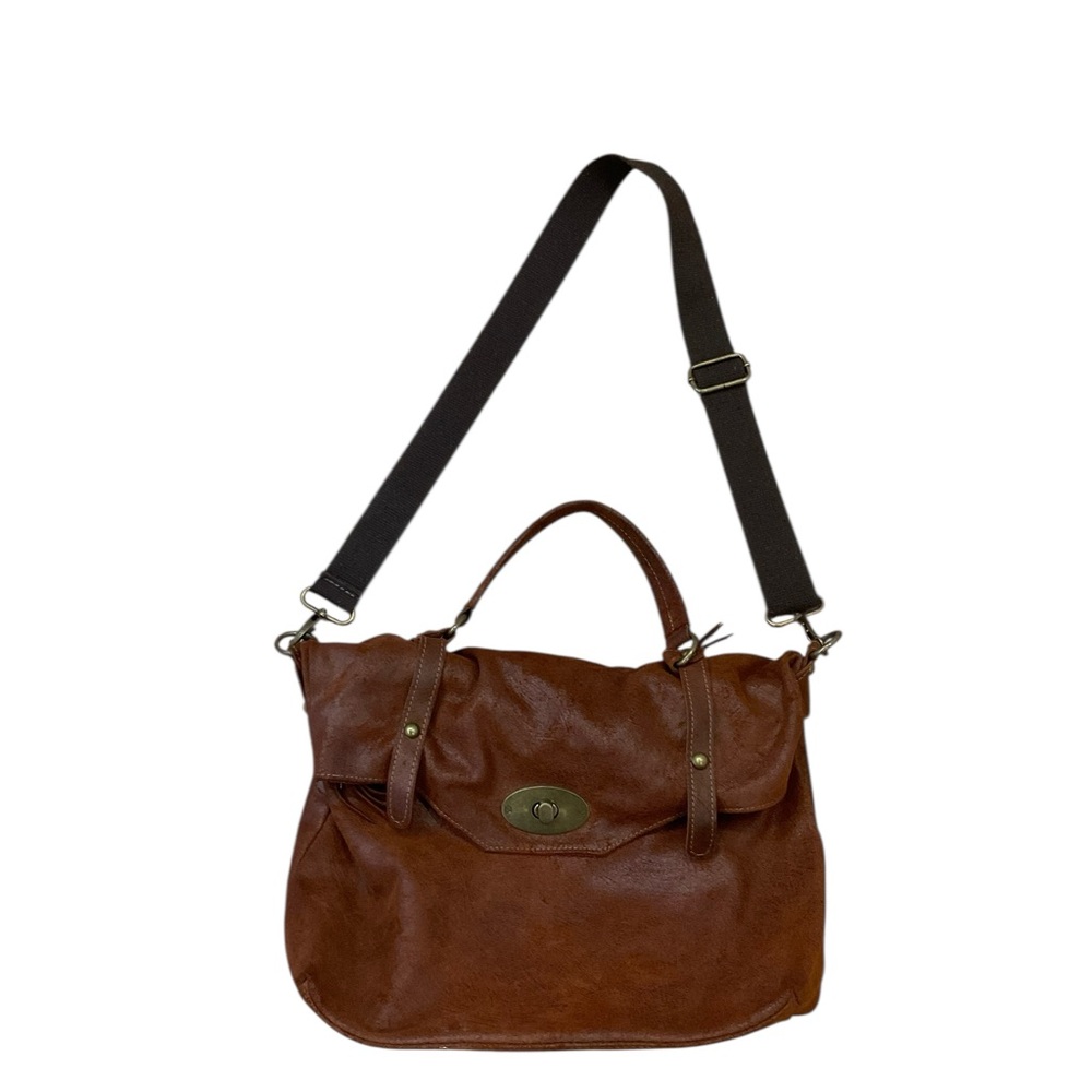 Vera Pelle Brown Leather Crossbody Satchel with Black Strap